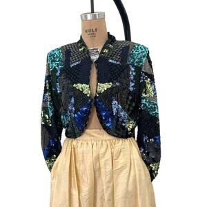 Vtg Beaded Sequin Silk Top Crop Jacket Bolero Profuse Layers Size S/M
